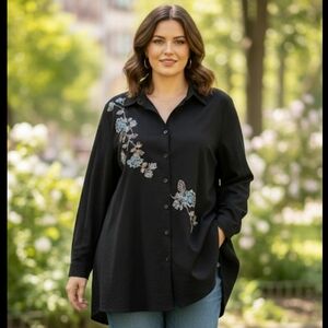 Flowy black blouse embroidered with blue flowers,Boho/Chic style, Plus Size 22